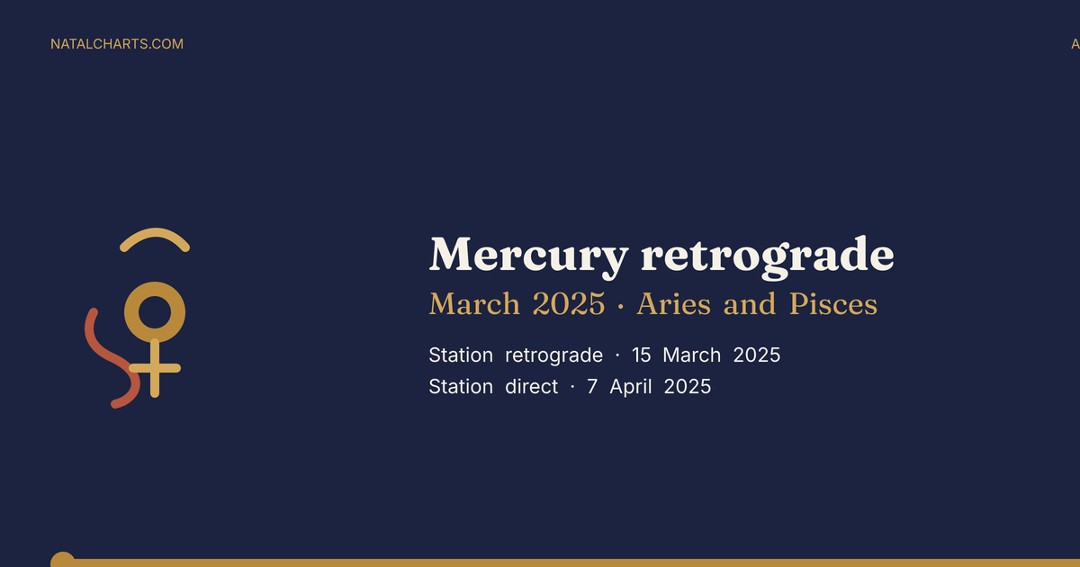 Mercury retrograde March 2025 in Aries and Pisces. Station retrograde 15 March 2025, station direct 7 April 2025. natalcharts.com.