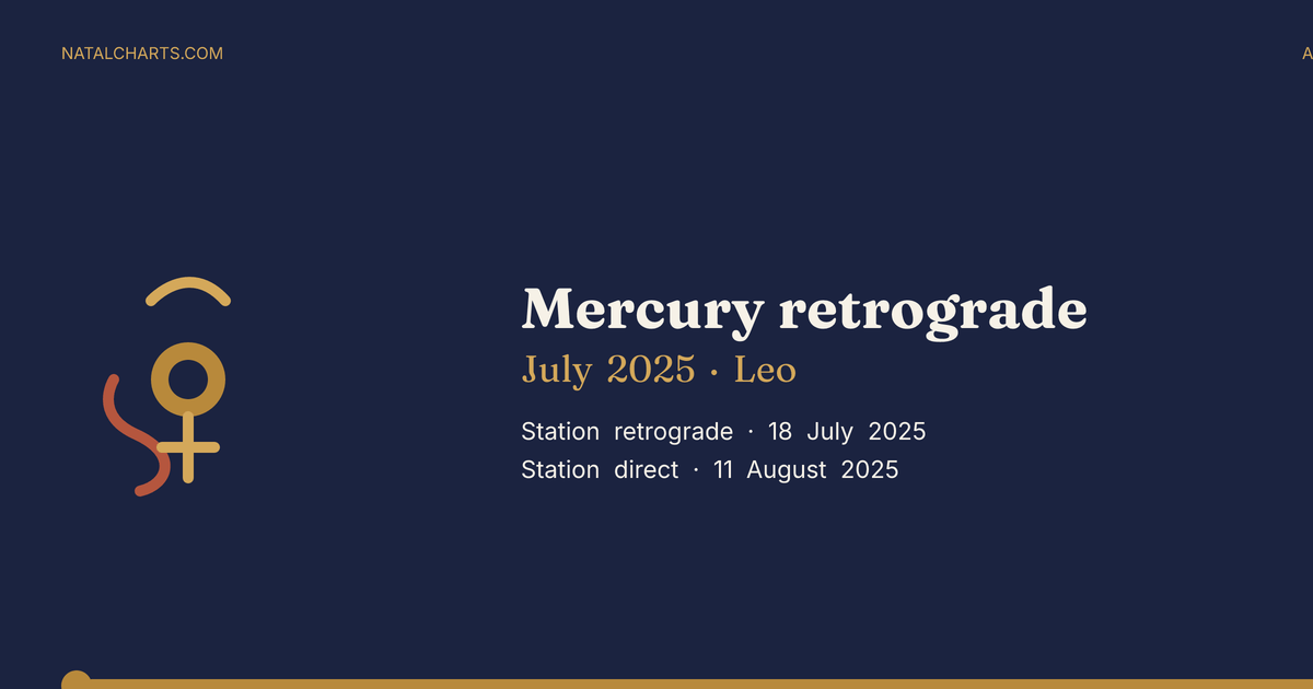 Mercury retrograde July 2025 in Leo. Station retrograde 18 July 2025, station direct 11 August 2025. natalcharts.com.