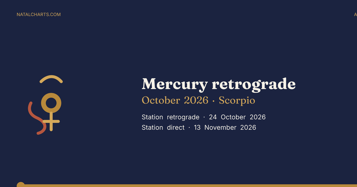 Mercury retrograde October 2026 in Scorpio. Station retrograde 24 October 2026, station direct 13 November 2026. natalcharts.com.